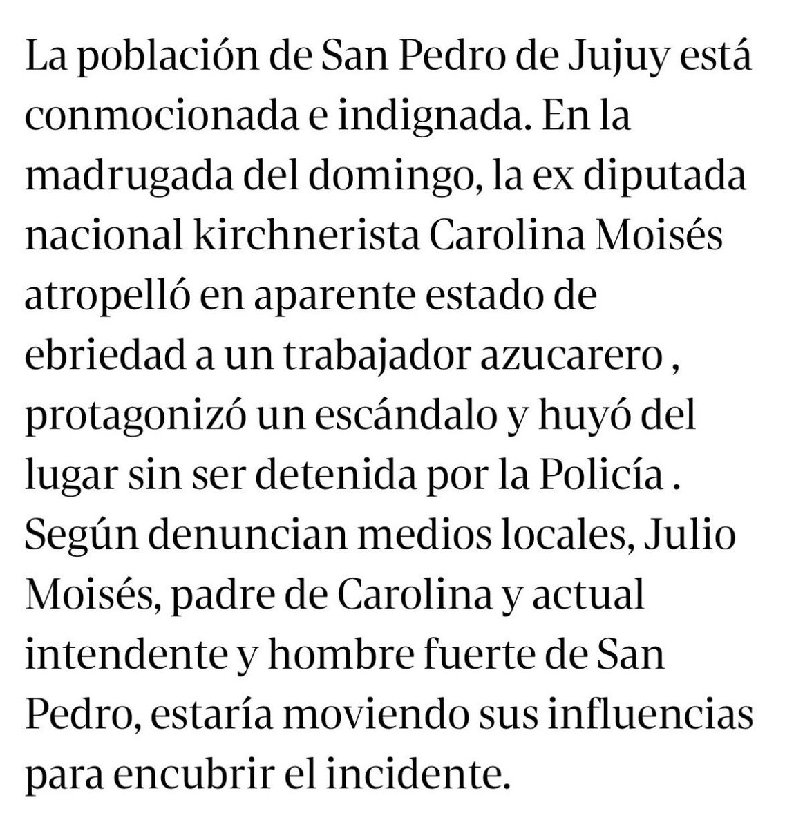 Que alguien del entorno de Patricia Bullrich le avise que quien propone como vicepresidenta del Senado Carolina Moisés , atropelló en estado de ebriedad a un trabajador azucarero . O sea … no puede ocupar ese puesto ni ninguno en política .