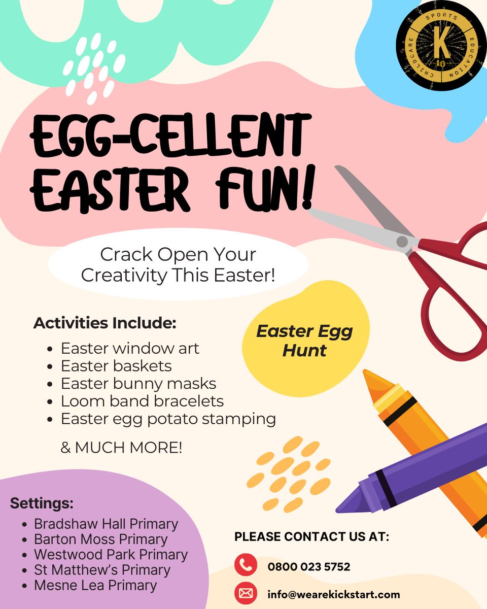 wearekickstart's tweet image. Egg‑cellent Easter fun awaits! 🐰🌸

Join us for a jam‑packed Easter full of:
🎨 Creative crafts
✂️ Hands‑on activities
🐣 Easter‑themed fun
Perfect for a fun‑filled Easter break 💛

#EasterHolidayFun #EasterCrafts #HolidayClub #Activities #EasterFun #Kickstart