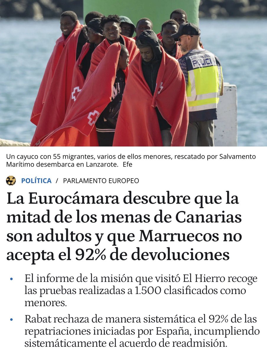 FroilLannister's tweet photo. Representante del Parlamento Europeo visitaron Canarias, para comprobar in situ los problemas que está causando la inmigración y descubrieron tres cosas.

Que la mitad de los menas eran en realidad mayores de edad. 

Que el 92% de las repatriaciones son denegadas por Marruecos, ante la pasividad del gobierno de Sánchez.

Que no se sabe dónde han acabado los 560 millones que Europa dio a España para paliar la crisis de inmigración, porque en Canarias desde luego que no están.

Gobierno de España.