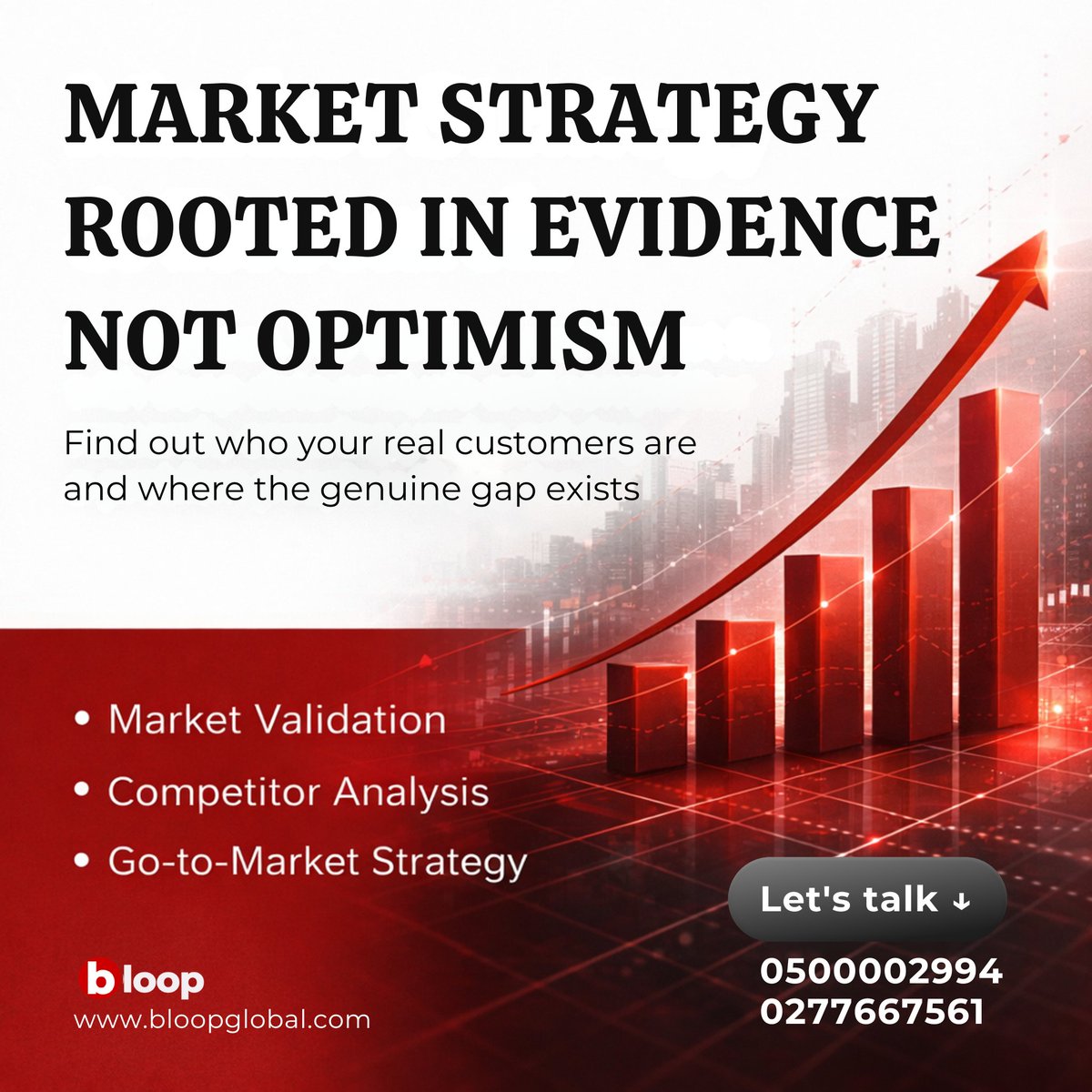 bloopglobal's tweet photo. Too many businesses in Ghana are building on assumptions.

The market was never there, or someone else already owns it.

That is exactly the problem we built our Market Strategy and Research service to solve. https://t.co/hwNsN8j9Ks