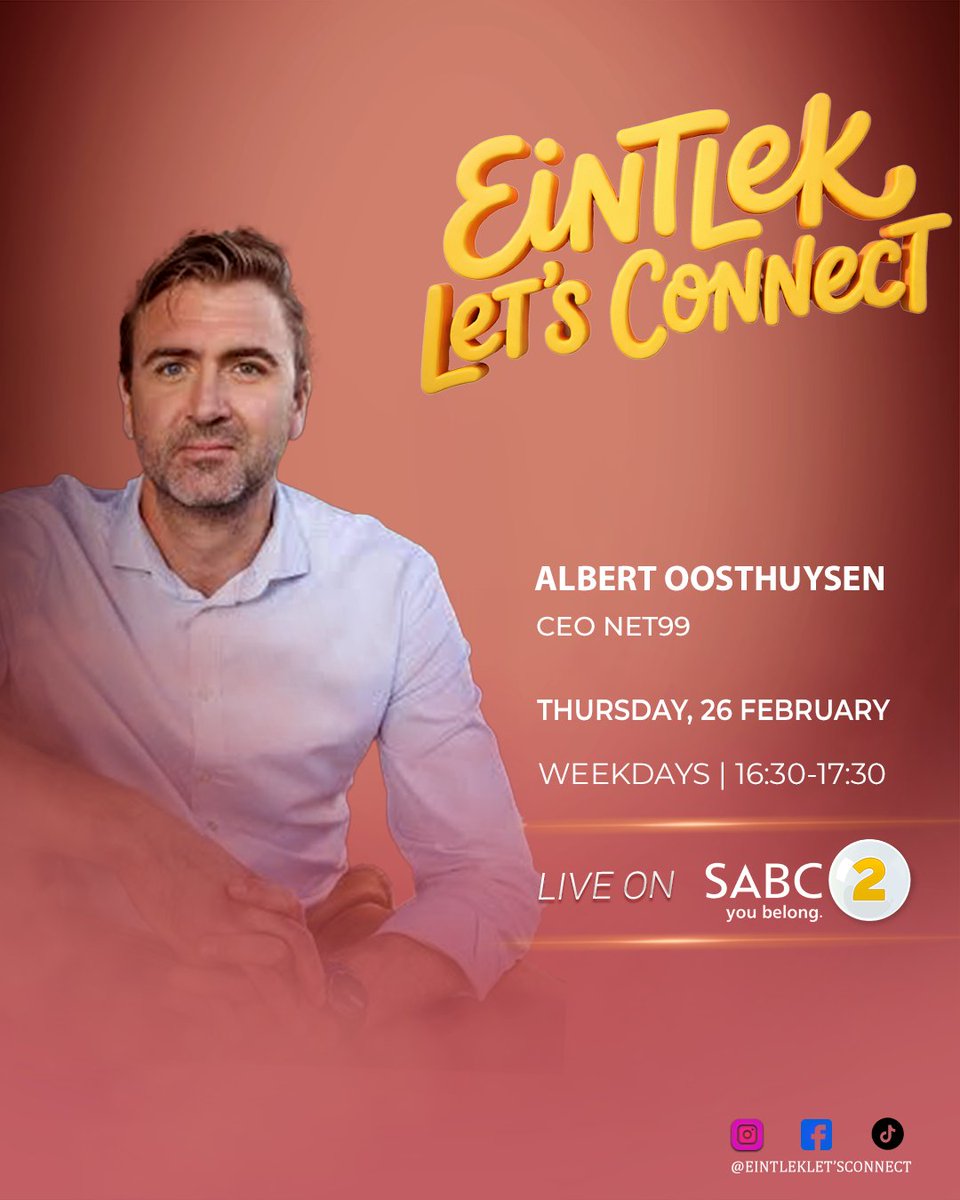 SABC_2's tweet image. EintlekLetsConnect at 16:30 for a powerful conversation with learned leaders and creators.

Guests: Albert Oosthuysen, Nicholas Thipe, Bongani Luvalo, Dr Vivian Makome

#SABC2 #LiveInEveryBeat #EintlekLetsConnect