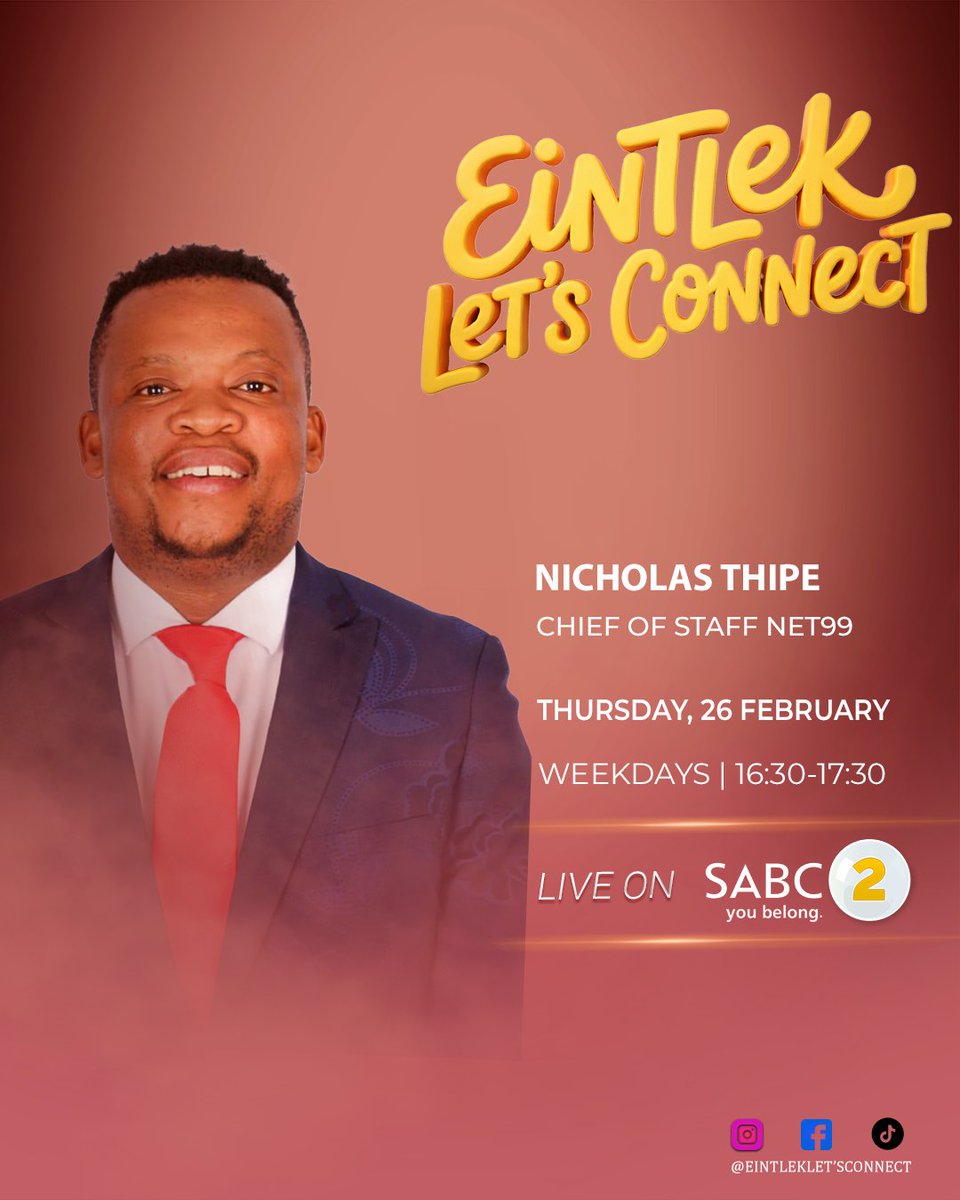 SABC_2's tweet image. EintlekLetsConnect at 16:30 for a powerful conversation with learned leaders and creators.

Guests: Albert Oosthuysen, Nicholas Thipe, Bongani Luvalo, Dr Vivian Makome

#SABC2 #LiveInEveryBeat #EintlekLetsConnect
