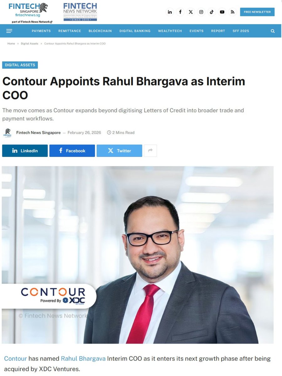 Digital trade is no longer about pilots, it’s about production.
Fintech News Singapore explores how Contour’s next phase, supported by Interim COO Rahul Bhargava.

Read full details from the link in the thread below