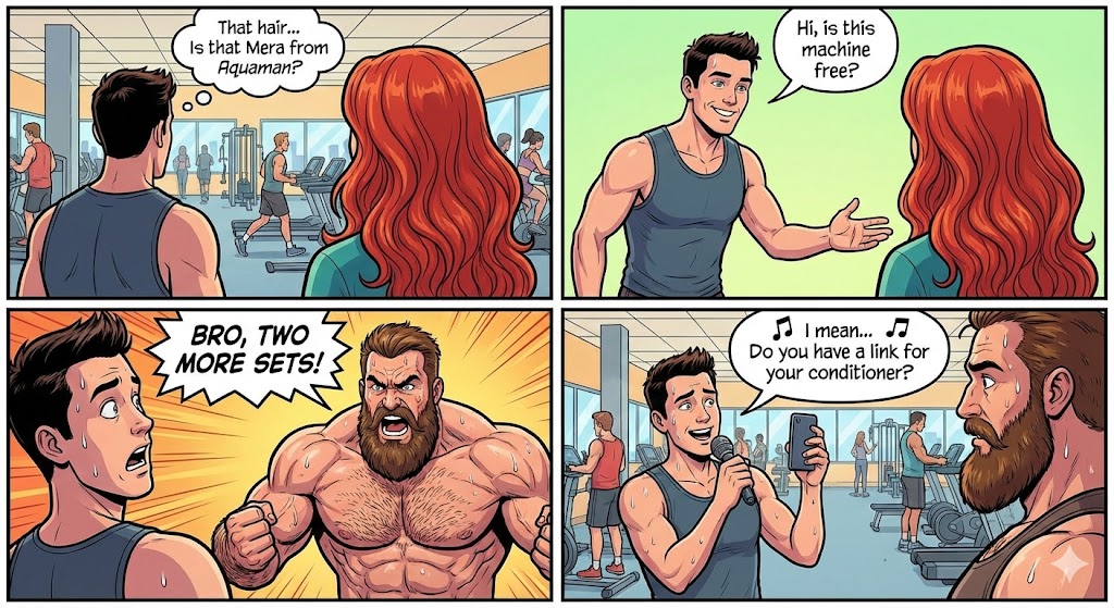 误认性别的搭讪 (The Gym Fails)
你有没有在健身房遇到过那种拥有完美长发背影的人？我那天看见一个背影，那波浪卷发简直像《海王》里的湄拉。
我走过去，深情地准备说：“Hi，这台器械有人用吗？”
结果对方一回头，满脸的大胡子比我还浓密，粗着嗓子吼道：“Bro，还要两组！”