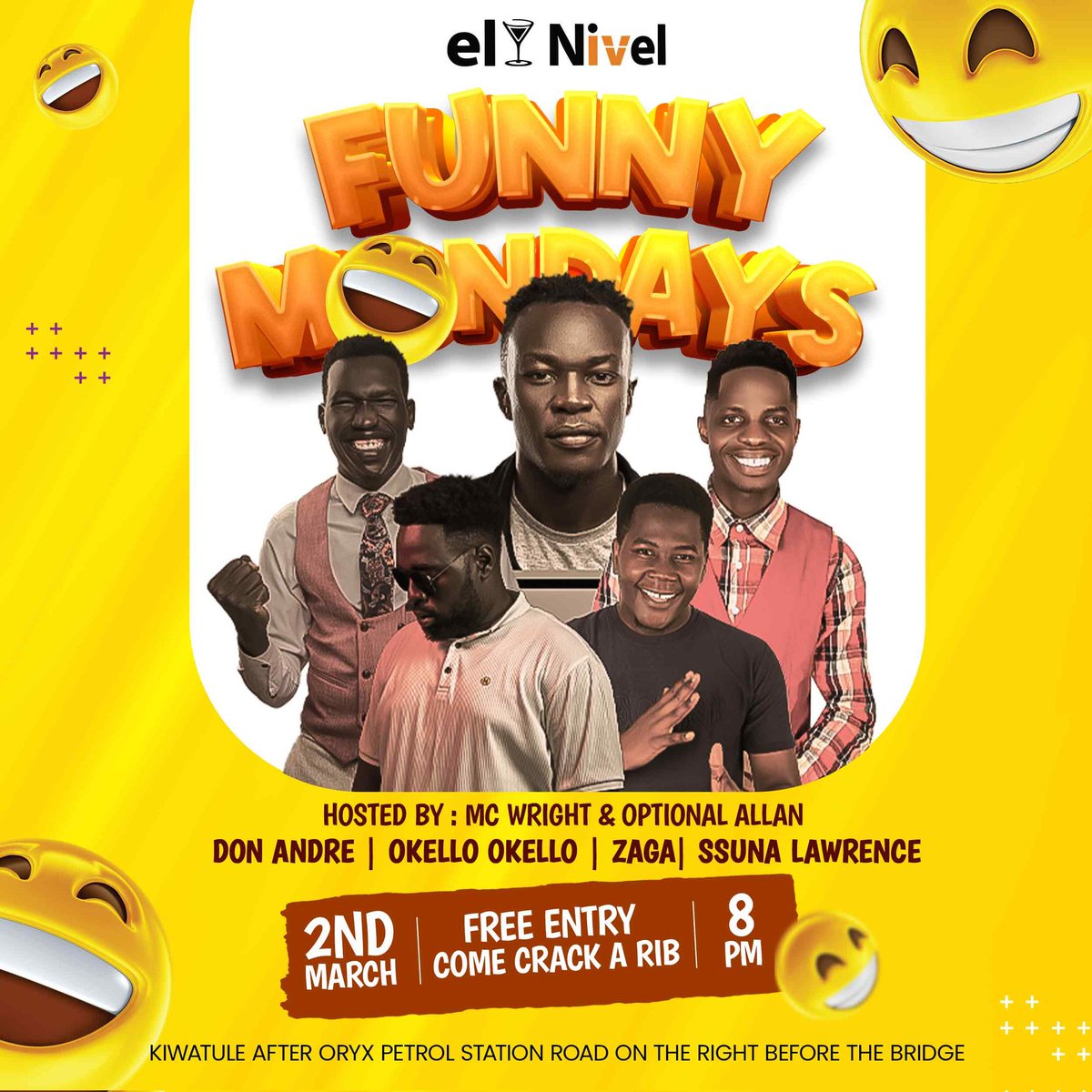 This coming Monday, kiwatule gets a share of laughters and plenty of jokes. Come laugh your stress away. I will be your host so come let's have a good time 😊
#FunnyMondays
<a href="/El_nivel_bar/">El Nivel Bar - Kiwatule</a> 
8pm sharp