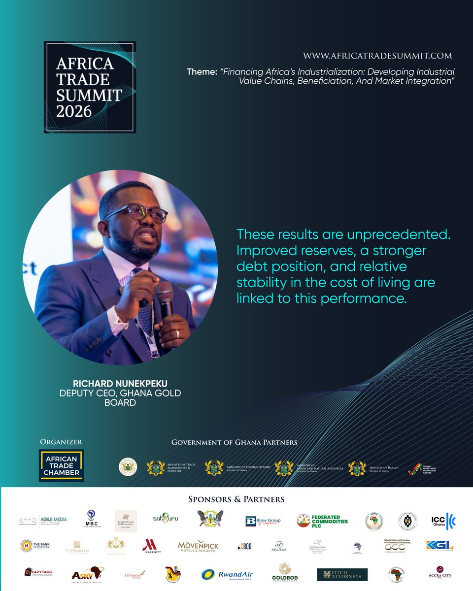 AT__Summit's tweet photo. Africa Trade Summit 2026 Insights

Insight from the Deputy Chief Executive Officer of Ghana Gold Board, Richard Nunekpeku, sharing his expertise at the summit.

#AfricaTradeSummit2026 https://t.co/T5CH75jM5s