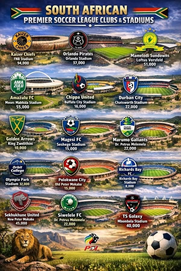 MrksPSLClub's tweet photo. 🚨🗞️✍️Here is a list📃 of SA🇿🇦 Premier Soccer League clubs with their home stadiums and capacity of the stadiums:

1. Kaizer Chiefs✌️👑, FNB Stadium ~ 94k seats.
2. Orlando Pirates☠️🏴‍☠️, Orlando Amstel Arena ~ 37k seats.
3. Mamelodi Sundowns☀️👆 , Loftus Vesveld ~ 51k seats.
4. AmaZulu 🐆💚 , Moses Mabhida Stadium ~ 55k seats.
5. Chippa United🌶️🔵, Buffalo city stadium ~16k seats.
6. Durban City💙 🩵 , Chatsworth stadium ~22k seats.
7. Golden Arrows🏹💛, King Zwelithini ~ 10k seats.
8. Magesi FC🐷💙, Seshego stadium ~ 15k seats.
9. Marumo Gallants🐓💚, Dr Petrus Molemela stadium ~ 22k seats.
10. Orbit College🌆🔵, Olympia Park Stadium ~ 32k seats.
11. Polokwane city🐆🔴, old Peter Mokaba Stadium ~ 15k seats.
12. Richards Bay🌊⚓, Richards Bay Stadium ~ 8k seats.
13. Sekhukhune united🦏❤️, new Peter Mokaba Stadium ~ 45k seats.
14. Siwelele FC💚⚽, Dr Petrus Molemela stadium ~ 22k seats.
15. Stellenbosch FC🍇⚽, Danie Craven stadium ~ 16k seats.
16. TS Galaxy🌌🚀, Mbombela Stadium ~ 40k seats.

Out of all those stadiums which is Ur favorite🤔 ???... Also which is Ur favorite team👀 ??