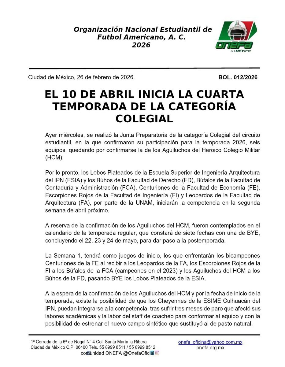 *ONEFA: Categoría COLEGIAL 2026*

Ayer miércoles, se realizó la Junta Preparatoria de la categoría Colegial 2026, dedicada a estudiantes con edad maxima de 25 años de edad, como una alternativa para la práctica de este deporte.