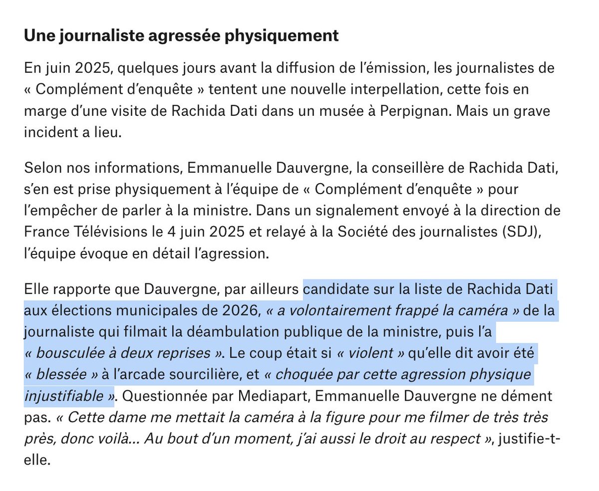 Sur les pressions de Rachida Dati contre Complément d'enquête : 

Mediapart révèle que sa conseillère et aussi candidate aux municipales, Emmanuelle Dauvergne, a agressé physiquement une journaliste de France 2. ➡️mediapart.fr/journal/france…