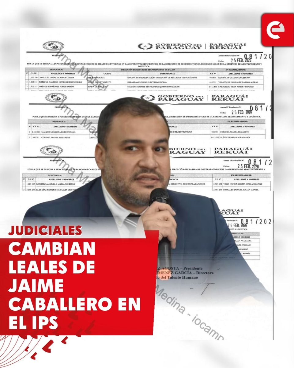 Movimientos internos en el IPS tras la salida de Jaime Caballero

Luego de la destitución del exgerente de Logística del IPS, Jaime Caballero —tras el fallecimiento del trabajador de Unicanal— se habrían producido cambios masivos dentro del área.

📌 Según sindicalistas de la
