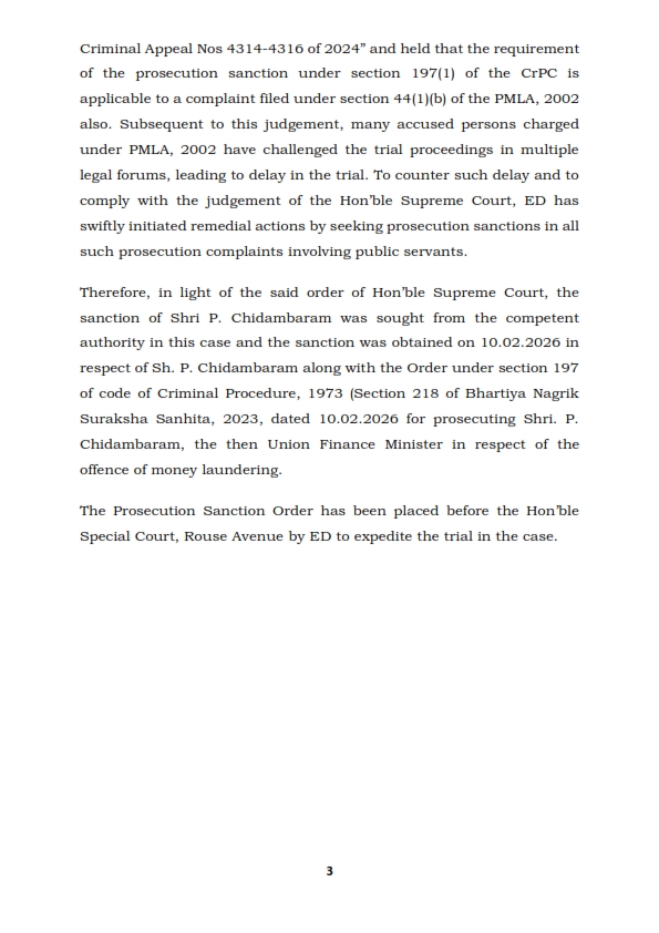 dir_ed's tweet photo. ED has placed prosecution sanction order received from the Competent Authority against Shri. P. Chidambaram, the then Union Finance Minister in respect of the offence of money laundering in the matter of INX Media Private Limited, before the Ld. Special Court. https://t.co/4VJQJhrjrT