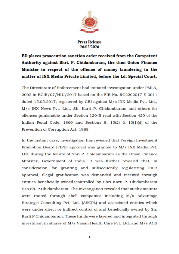 dir_ed's tweet photo. ED has placed prosecution sanction order received from the Competent Authority against Shri. P. Chidambaram, the then Union Finance Minister in respect of the offence of money laundering in the matter of INX Media Private Limited, before the Ld. Special Court. https://t.co/4VJQJhrjrT