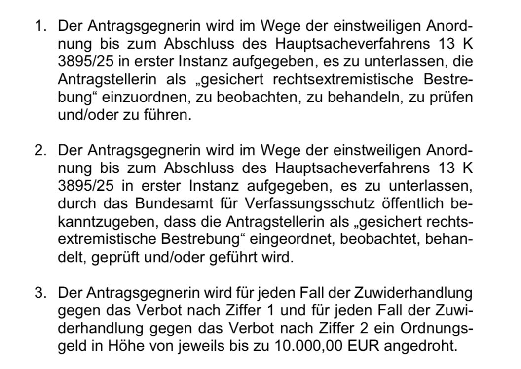 „Die Voraussetzungen der Einstufung und Behandlung der Antragstellerin (<a href="/AfD/">AfD</a>) als gesichert rechtsextremistische Bestrebung liegen indes nicht vor.“, sagt das VG Köln (Beschl. v. 26.02.2026, Az. 13 L 1109/25, S. 21) und erlässt u.a. das nachfolgende Verbot zulasten des <a href="/BfV_Bund/">Bundesamt für Verfassungsschutz</a>: