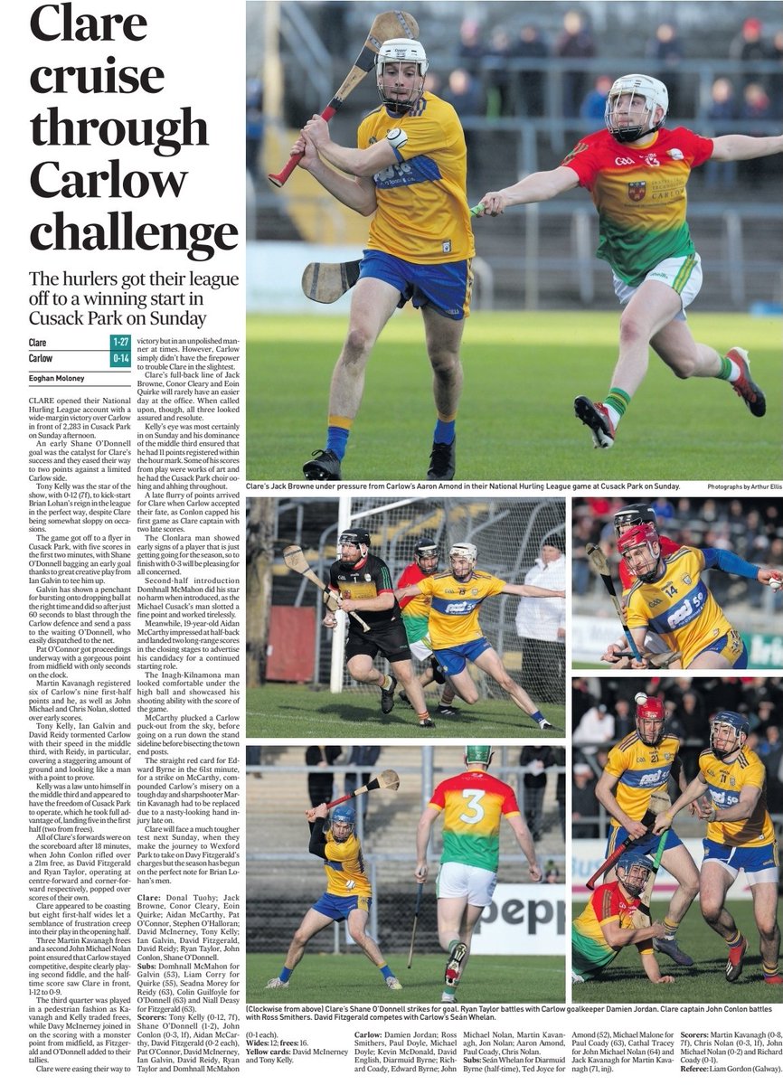 GaaClare's tweet photo. This weeks throwback is to the meeting of Clare and Carlow in round 1 of the Allianz hurling league in 2020, The result was Clare 1-27 Carlow 0-14. This weekend they meet again in Netwatch Cullen Park on Saturday at 6pm .(Match report from @theClareChampion #throwbackClareGaa #wearethebanner