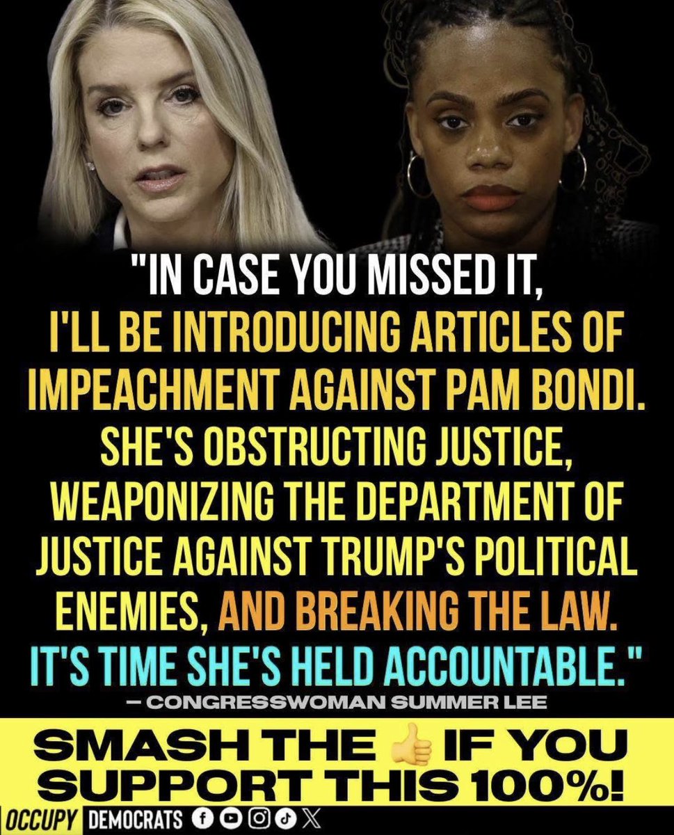 Yes, finally! 👏👏👏 #ImpeachPamBondi #ComplicitCorruptGOP #TrumpEpsteinFiles
#TrumpEpsteinCoverUp
