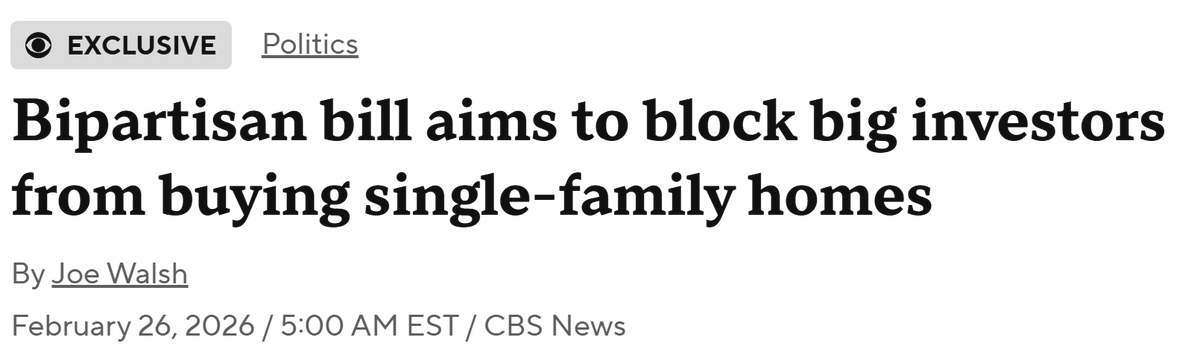 jayparsons's tweet photo. The crazy train is getting crowded.

We now have a bipartisan Senate bill to block large investors from buying houses. The entire premise is based on misinformation, which I'll lay out here:

STATEMENT 1: One co-sponsor, Sen. Hawley, shared his rationale this way: "Families deserve to be able to buy their own homes and achieve the American dream without competing with big investment companies that irrevocably drive up housing prices."

FACT CHECK: Freddie Mac research showed, at the height of home price boom in 2022: "What may surprise you is that investors don’t make our list of top drivers" of home price growth. Nearly all research suggesting investors materially impact home prices is based on the GFC era in early 2010s, when investors were buying up vacant homes out of foreclosure.

STATEMENT 2: The bill's other co-sponsor, Sen. Merkley, said this: "As corporate investors invade the housing market nationwide, we need action to protect hardworking Americans achieving the dream of homeownership."

FACT CHECK: Research from Harvard's Joint Center for Housing Studies, John Burns Research, and Redfin all show that SINCE 2016, INVESTORS ARE SELLING FAR MORE HOMES THAN THEY'RE BUYING. We have >1m FEWER single-family rental homes today than we had a decade ago.

And a third FACT CHECK: The U.S. homeownership rate today (65.7%) is ABOVE the long-term average of 65.3% and even further above the long-term median of 64.8%, according to Census data. And if you exclude the subprime lending decade of the 2000s, the long-term average drops to 64.7%.

REALITY CHECK: Yes, we do have a severe housing affordability issue in the U.S. But we can't solve the problem without correctly diagnosing the problem.

Banning investors will do nothing to help solve that root issue: Most renters today cannot qualify for a mortgage (low credit scores), cannot come up with the cash for a down payment and cannot afford the >$1k in additional monthly costs of owning a single-family home versus renting one.

Therefore, any effort to further reduce single-family rentals (already down 1m+ since 2016) will inevitably result in worsened inequality and worsened affordability challenges -- as those families then have fewer options at higher rents. Furthermore, it would become harder for middle-income families to access better neighborhoods (and better schools) where they can't afford to buy.

Vibe-based policy will exacerbate inequality and affordability challenges. Let's focus on what works and make it easier to build a lot more housing of all types.

Facts > Narratives.