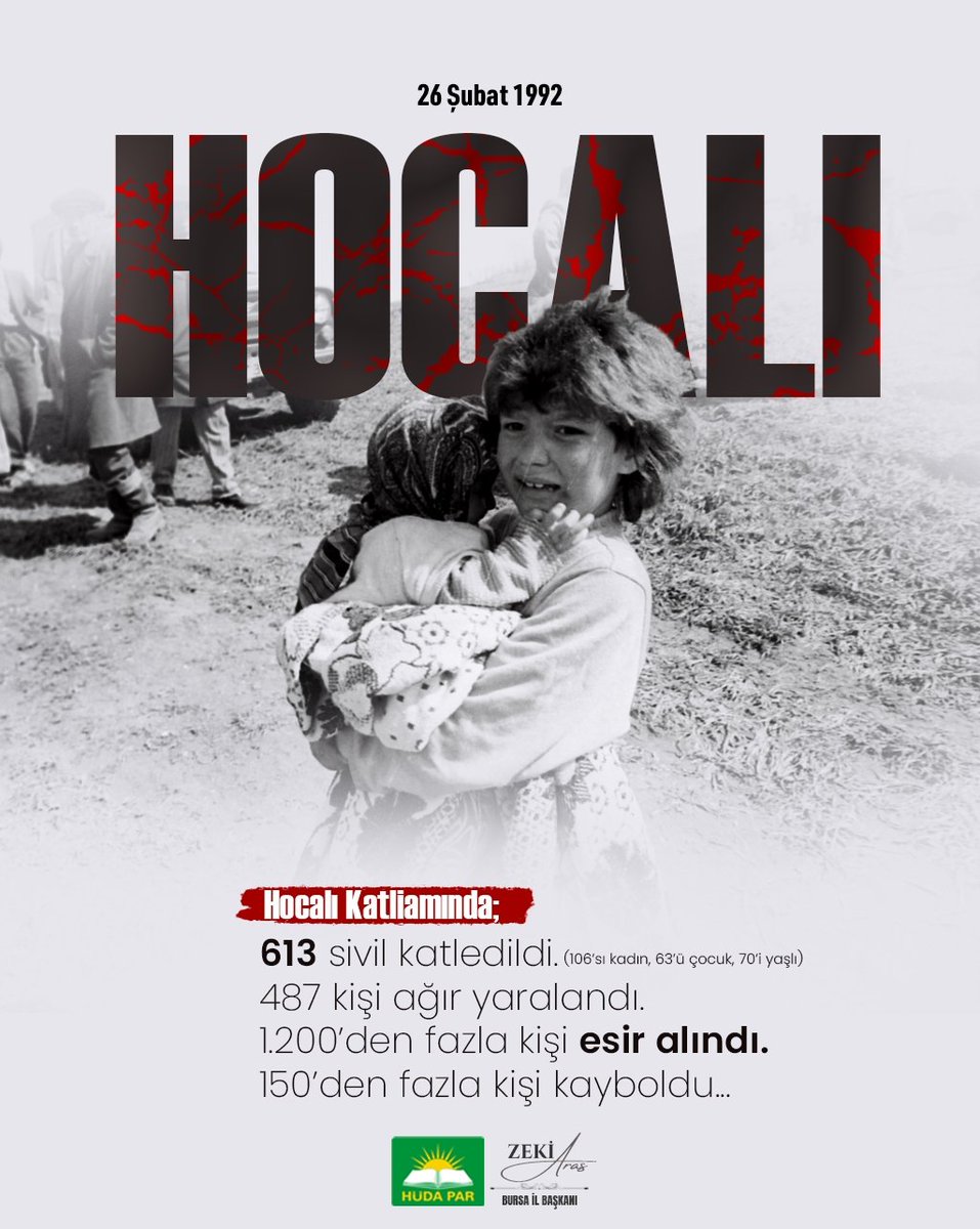 Soykırım sadece Bosna’da, Filistin’de değil; Hocalı’da da yaşandı. 

Dün Hocalı’da dökülen kan, bugün farklı coğrafyalarda aynı vahşetle akmaya devam ediyor.

Zalim her dönem zalimliğini yapıyor ancak ettiği yanına kâr kalmayacak.