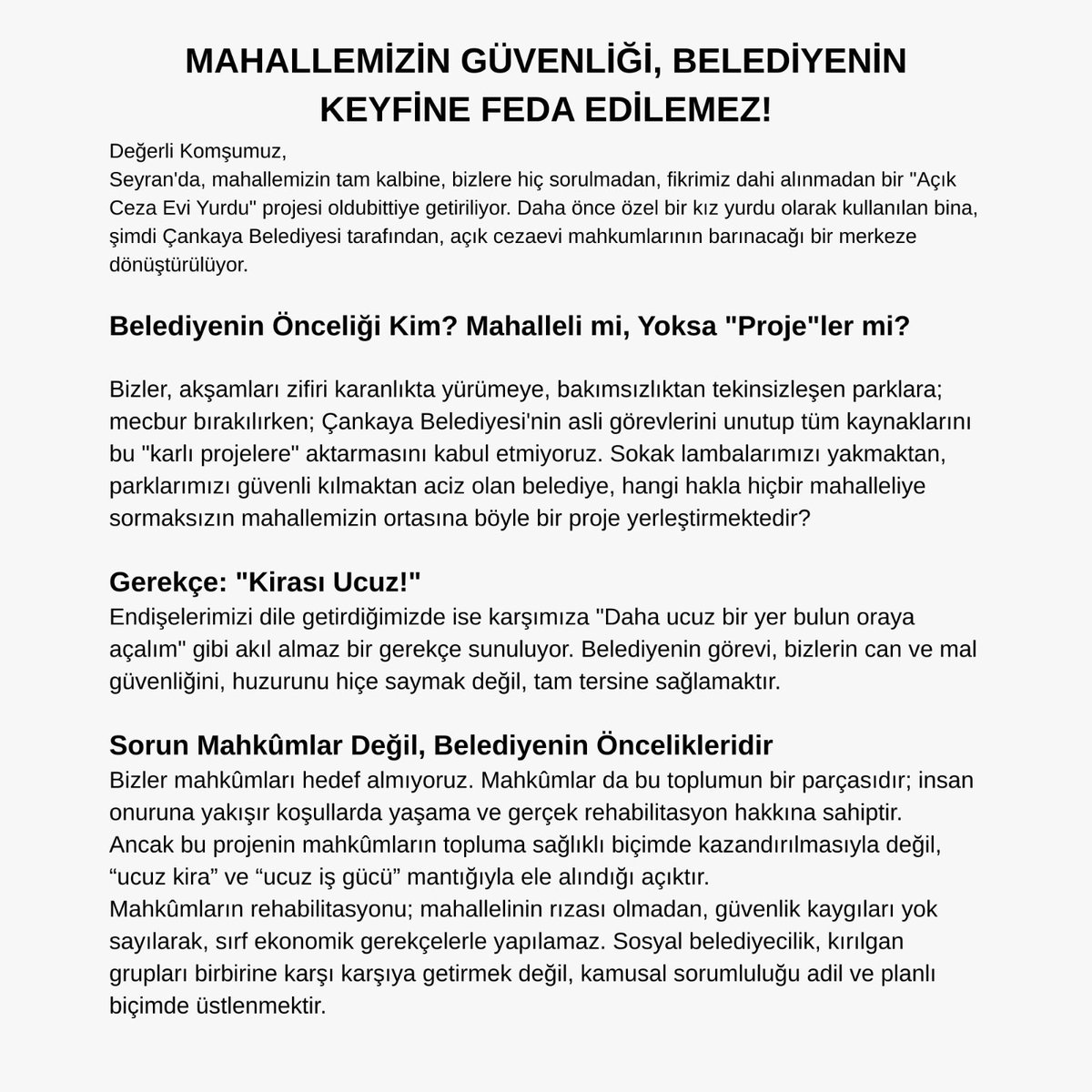 SeyranSemtEvi's tweet photo. Gelin, bu dayatmaya karşı bir imza da siz verin. Gelin, mahallemizin güvenliği ve geleceği için bir araya gelelim. https://t.co/PUifDhxJcp