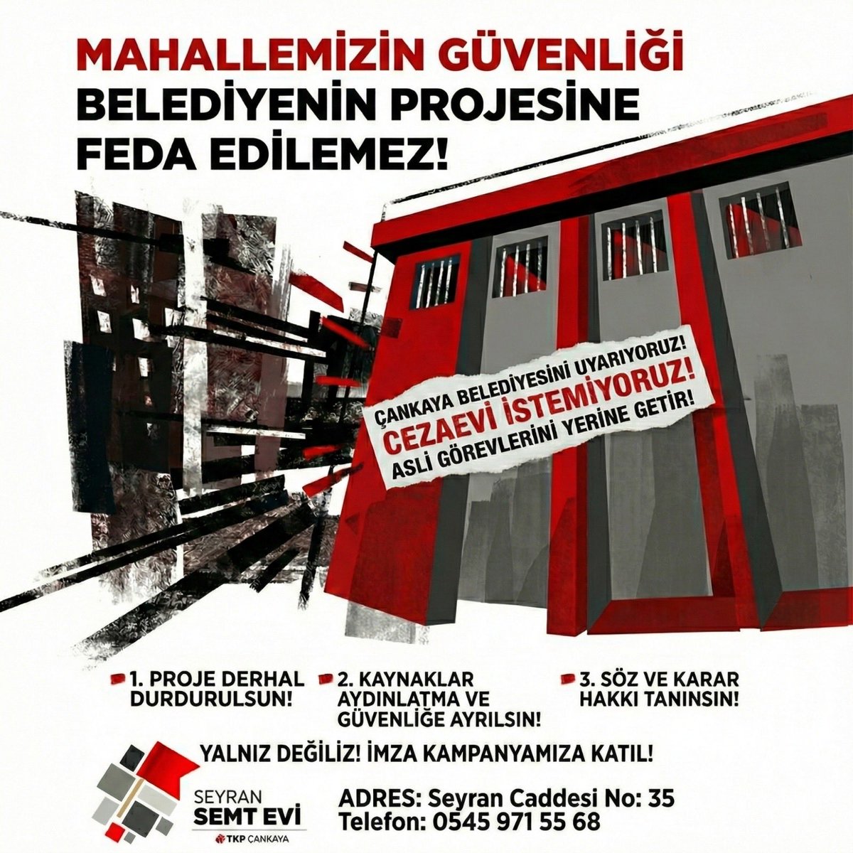 SeyranSemtEvi's tweet photo. Gelin, bu dayatmaya karşı bir imza da siz verin. Gelin, mahallemizin güvenliği ve geleceği için bir araya gelelim. https://t.co/PUifDhxJcp