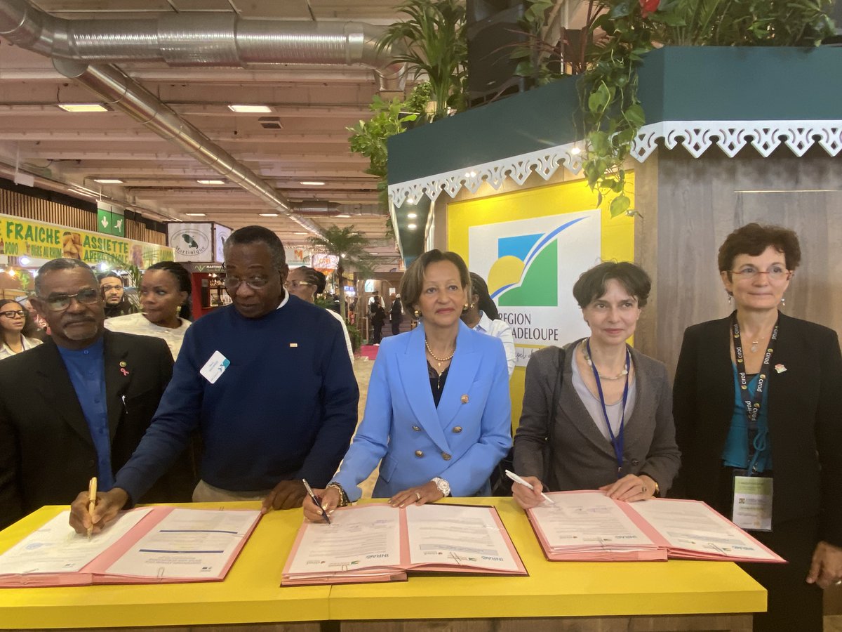 INRAE_France's tweet photo. #RP_INRAE #SIA2026
Guadeloupe : un partenariat stratégique entre la Région, INRAE et le Cirad.

A l’occasion du @Salondelagri , la @CRGuadeloupe , représentée par @PenchardL, vice-présidente, INRAE représenté par Harry Archimède, président du centre Antilles-Guyane & Elisabeth Claverie de Saint Martin, PDG du @Cirad, ont signé une convention de partenariat pour accélérer les transitions agricoles du territoire et renforcer la souveraineté alimentaire et économique de la Guadeloupe.

Conclue pour une durée de cinq ans, cette convention fixe un cadre stratégique commun pour mobiliser la recherche, l’innovation et l’expertise scientifique au service des priorités agricoles, alimentaires, sanitaires et environnementales de la Guadeloupe.
Lire le communiqué de presse :
👉https://t.co/xMwHO2IExb