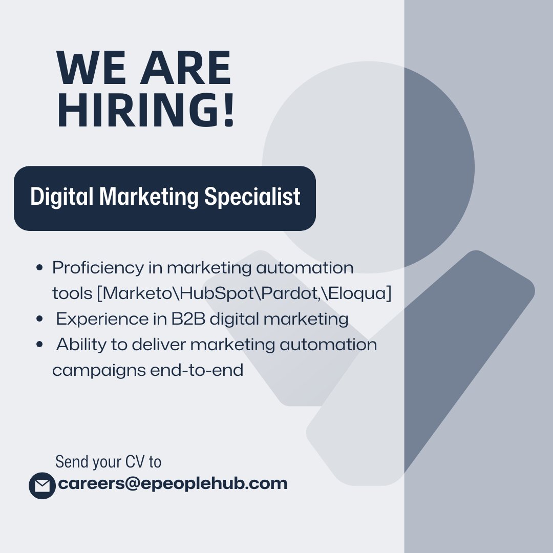 ePeopleHUB's tweet photo. If your skills are built on marketing automation, data, and B2B campaigns, here is a chance to use them for a real impact. 

You might be the Digital Marketing Specialist we’re looking for! ⬇️ 
Apply: careers@epeoplehub.com 
Role Details: https://t.co/vCsPKE8Wak https://t.co/moWiuEQN4E