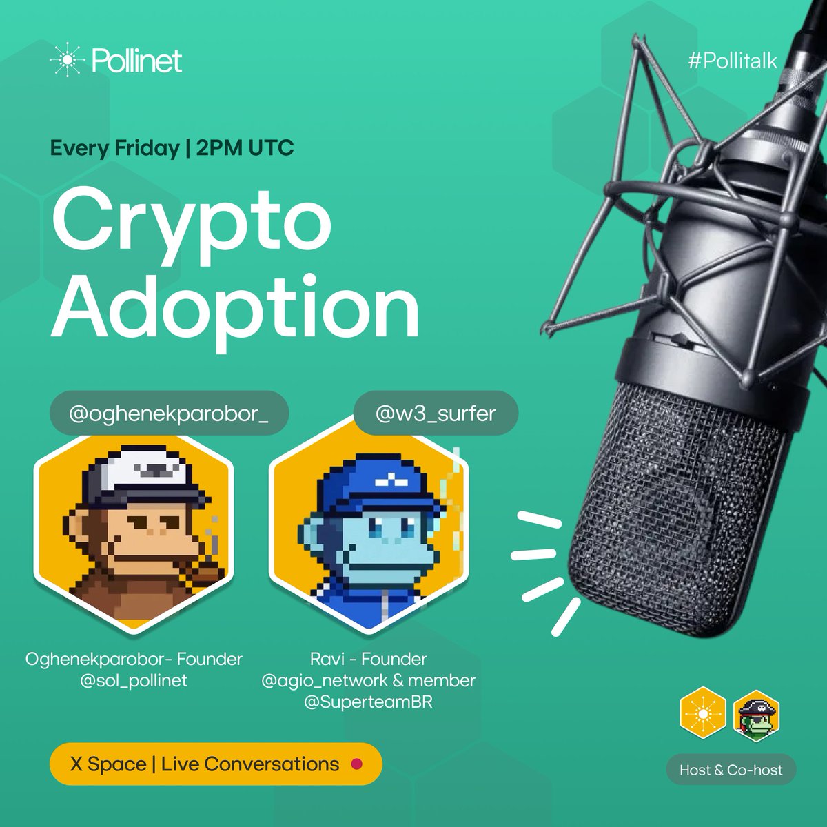 sol_pollinet's tweet photo. Joining us for the first episode 👇

We’ll be speaking with Ravi (@w3_surfer ), Member of SuperteamBR and Founder of @agio_network.

We’ll break down:
• How close we really are to mass adoption
• What builders are doing on the ground
• The gaps still holding crypto back

🗓 Friday
🎙 Live on X