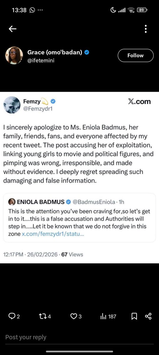 Some of all these boys dont ever learn.
Imagine labelling someone a pimp without evidence. That watering beans he's craving for.....Laslas it will be served to him. <a href="/BadmusEniola/">ENIOLA BADMUS</a>  no dey forgive and i totally stand with her on this.