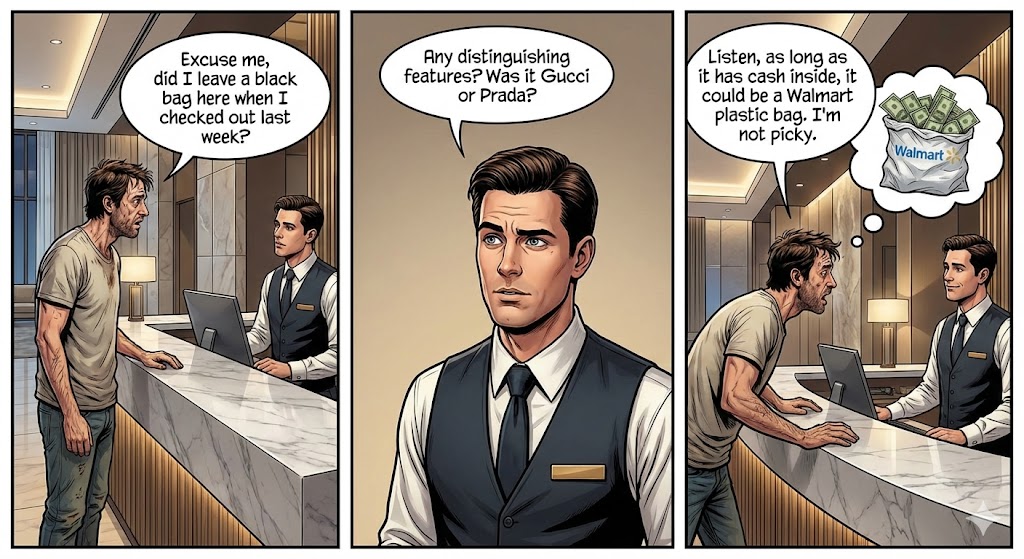 酒店失物招领 (Lost &amp; Found)
我在前台问：“不好意思，上周我退房时是不是落了一个黑色的包？”
前台：“里面有什么特征吗？是Gucci还是Prada？”
我：“听着，只要里面有现金，它可以是沃尔玛的塑料袋，我不挑剔。”
请按照以上内容生成彩色图片，美漫写实风格。