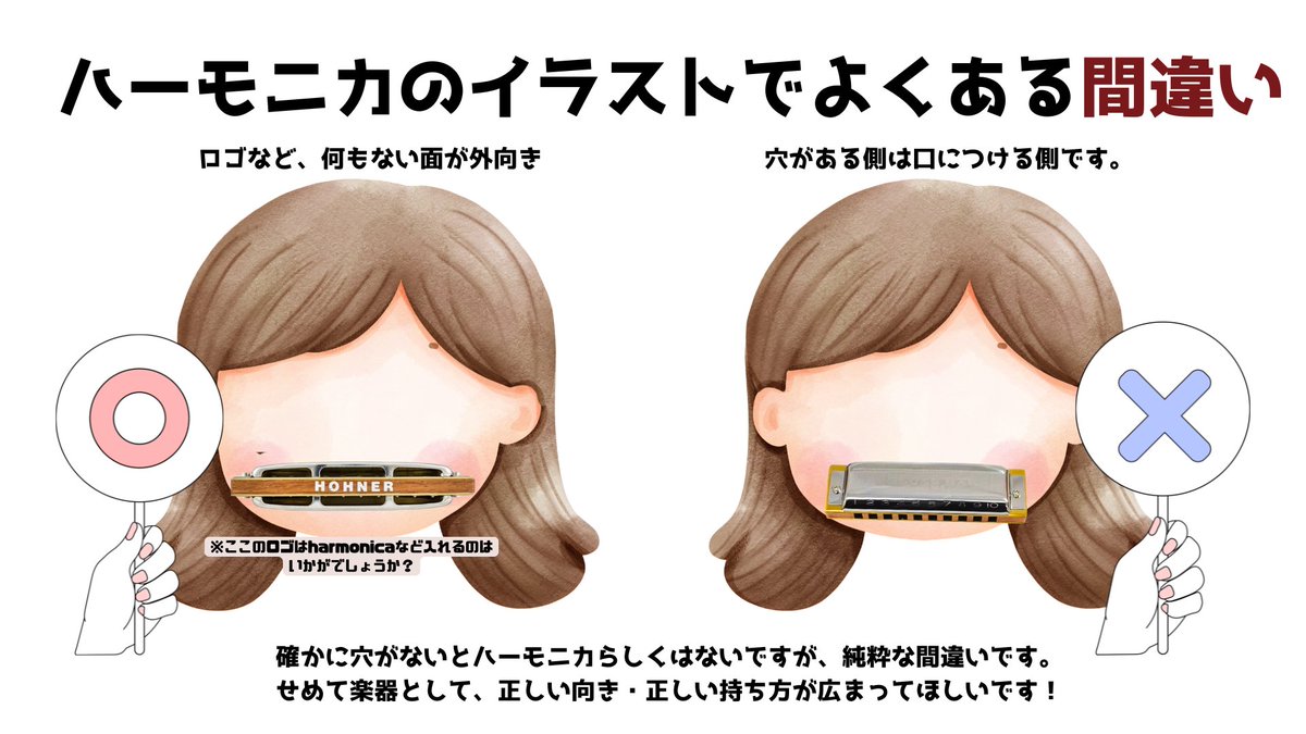 shibukimayu's tweet photo. 【まじで #拡散希望】
ハーモニカを吹くイラスト、
実は逆さに持たれていることが多いです…！
穴がある側が「口につける側」です。

せめて楽器として、
正しい向き・正しい持ち方が広まってほしいです！ https://t.co/Vkqwjggk1a