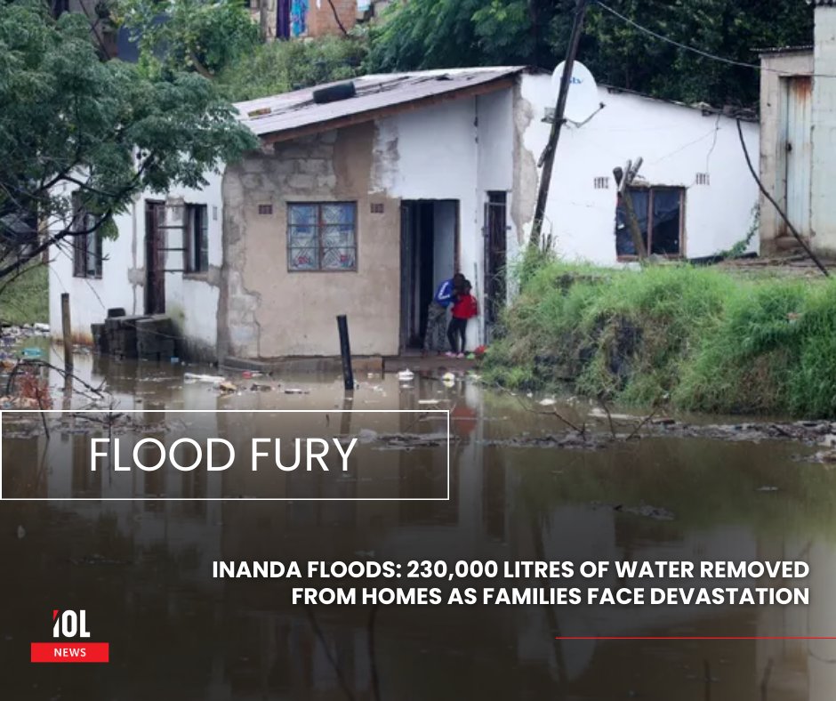 IOL's tweet photo. Torrential rains left families in KwaBester, Inanda, and eTafuleni displaced after more than 230,000 litres of water were pumped from flooded homes, with blocked stormwater drains blamed for worsening the disaster.
#Inanda #KwaBester #ETafuleni #Flooding #KZN #HeavyRain #DisasterRelief
Read o: https://t.co/Nii1d5GsgT