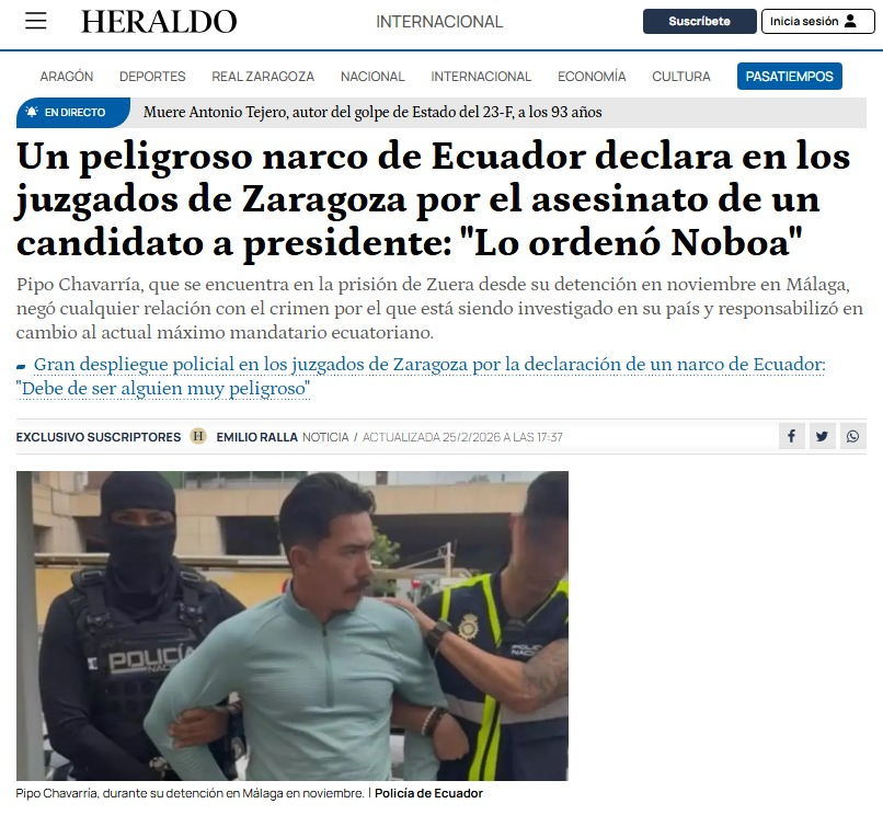 JulianMaciasT's tweet photo. El Pipo, líder de Los Lobos, declaró que el asesinato de Fernando Villavicencio lo ordenó el presidente de Ecuador, Noboa, también declaró que había un audio que lo involucraba en abusos de menores y que es narco.
Ayuso le dio un premio y fue a Ecuador para hacer campaña por él. https://t.co/EJgG0mhc1T