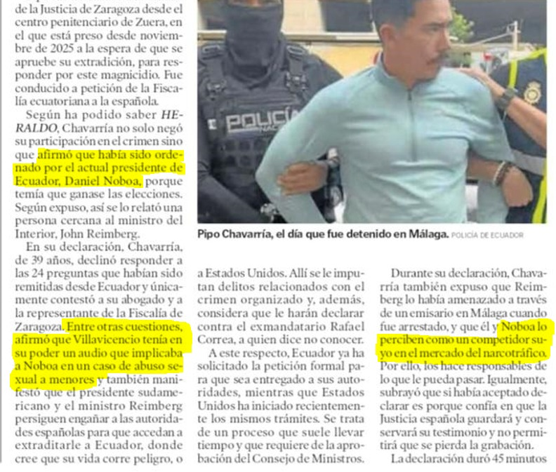 JulianMaciasT's tweet photo. El Pipo, líder de Los Lobos, declaró que el asesinato de Fernando Villavicencio lo ordenó el presidente de Ecuador, Noboa, también declaró que había un audio que lo involucraba en abusos de menores y que es narco.
Ayuso le dio un premio y fue a Ecuador para hacer campaña por él. https://t.co/EJgG0mhc1T