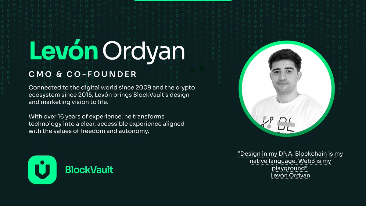 blockvaultapp's tweet photo. Meet another driving force behind BlockVault — Co-founder and CMO Levón Ordyan.
That's why our market entry is so elegant, stylish and impressive! 💫
#team #blockvault #startup #power https://t.co/pVQrENuK49