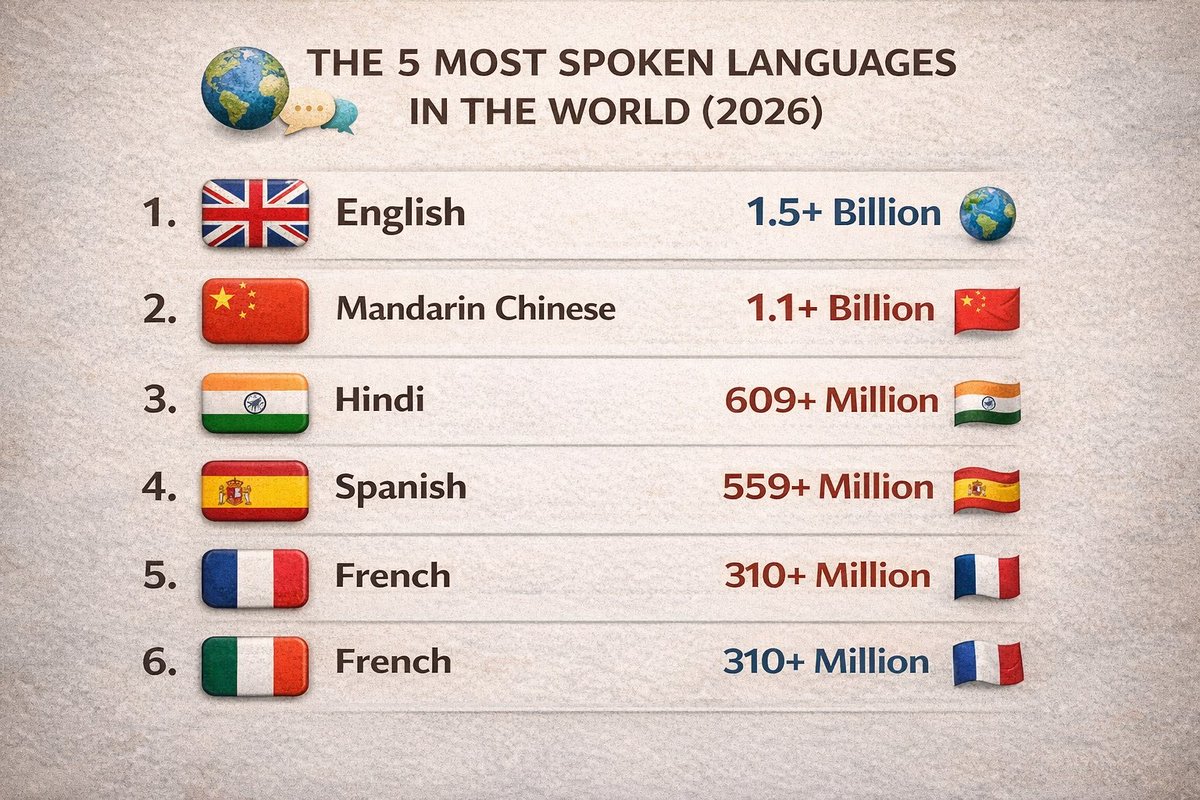 Tarun879171's tweet photo. Do you know which languages are spoken by the most people globally?
🌐
Here are the Top 5 based on 2026 estimates: 🌍🗣️
#Language #WorldFacts #Hindi #English #GlobalStats #Bharat #Education https://t.co/vhuE1ibRMG