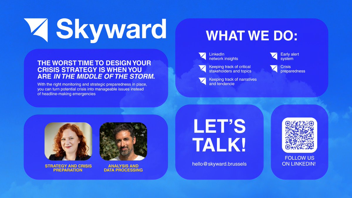 👋Brussels friends in public affairs, policy, comms &amp; risk:

Tonight we’re launching Skyward, founded by my buddy <a href="/carloschCCH/">carlos chaves</a>. Serious analytical depth, focused on early warning, stakeholder mapping &amp; crisis preparedness.

🕑19-22
📍Au Bassin, Quai aux Briques 74

See you there!
