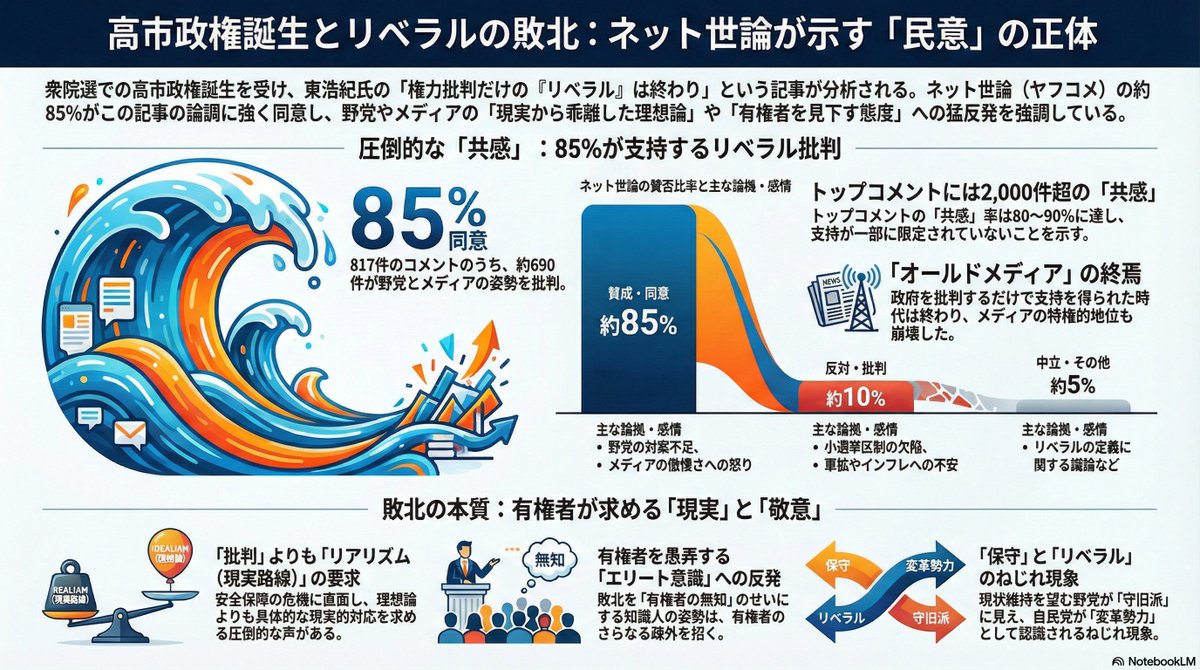 AtkReiwa's tweet photo. YAHOOニュース解析依頼ありがとうございます。

【YAHOOニュース解析】

「有権者は高市総理を選んだ　負けた現実に向き合うべき」東浩紀批評家の東浩紀さんの「AERA」巻頭エッセイ「eyes」をお届けします。時事問題に、批評的視点からアプローチします。 衆院選で自…

コメント数817
AERA DIGITAL社会　2/25(水) 17:30

https://t.co/i7R5a0A7i1

「リベラルの自己崩壊」に対する85%の冷徹な肯定

東浩紀氏による「野党とメディアは負けた現実に向き合うべき」という論考に対し、ユーザーコメントの約85%が賛同を示すという極めて偏った数値が出ました。

特筆すべきは、トップコメントの「共感（そう思う）」数が合計で4,000件を超え、反対意見を圧倒している点です。これは単なる特定政党への支持ではなく、「批判に終始し、有権者の知性を軽視する既存エリート層」への、広範かつ構造的な拒絶反応が可視化されたものと言えます。

【Structural Analysis（構造分析）】

なぜ、これほどまでに既存のリベラル勢力やメディアは、主権者である国民との「心理的分断」を起こしてしまったのでしょうか。そこには、個人の感情を超えた3つの構造的欠陥が存在します。

「正義の独占」による対話の拒否

解析データによれば、野党や知識人が敗因を「有権者の無知」や「推し活（情緒的な投票）」に求める姿勢に対し、強い反発が起きています。これは、知識層が「自分たちは正解を知っており、教え導く立場にある」というパターナリズム（父権的干渉）に固執し、生活実感を持つ市民を「啓蒙の対象」として見下す構造が限界に達したことを示しています。

安全保障における「生存のリアリズム」の欠落

地政学的リスクが顕在化する中で、国民は「理念」よりも「生存（安全保障・経済）」を優先するリアリズムへとシフトしています。しかし、既存の批判勢力は「軍備拡張反対」「対話解決」といった、冷戦構造下の抽象的な平和主義を再生産し続けました。この「生存の危機感」と「理念の空転」の乖離が、有権者をより「強い実行力」を標榜する勢力へと向かわせる構造を強化しています。

「守旧派」へと転落したリベラルの逆転現象

本来、リベラルとは現状を打破し、個人の自由や再分配を推進する「革新」であるはずです。しかし、現在の日本においては、憲法改正議論すら拒絶する野党側が「現状維持の守旧派」と映り、逆に既存の枠組みを壊そうとする右派勢力が「改革者」として受容されるという、イデオロギーのねじれ構造が発生しています。

【Perspective（未来への視座）】

今回の世論調査が突きつけているのは、高市氏個人の勝利という以上に、「批判のための批判」という政治文化の終焉です。

本来、民主主義における健全な批判とは、相手を否定することではなく「より良い代替案（オルタナティブ）」を提示し、誰もが切り捨てられない社会構造を構想することにあるはずです。しかし、現実は「レッテル貼り」と「選民意識」による分断が深まり、対立構造そのものが固定化されています。

私たちが真に向き合うべきは、誰が勝ったか負けたかという勝敗論ではありません。「なぜ、人々の生活苦や不安に寄り添うはずの言葉が、これほどまでに当事者に届かなくなったのか」という、リベラリズムの本質的な機能不全です。

今、求められているのは、有権者の選択を「間違い」と断じる傲慢さを捨て、人々の生存を脅かす「構造的な経済的困窮」や「安全保障の不安」に対して、泥臭く、かつ論理的な対案を構築する「誠実なリアリズム」です。それこそが、分断を乗り越え、真に誰もが尊重される社会を再建するための、唯一の出発点となるでしょう。