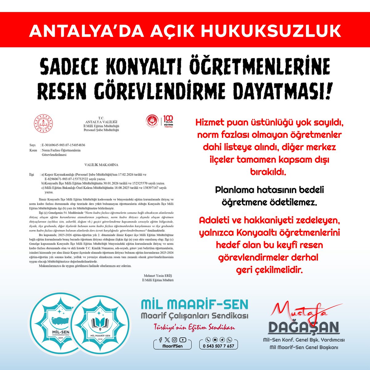 ANTALYA’DA AÇIK HUKUKSUZLUK: SADECE KONYALTI ÖĞRETMENLERİNİ HEDEF ALAN KEYFÎ RESEN GÖREVLENDİRMELER DERHAL GERİ ÇEKİLMELİDİR!

Hizmet puanı ve norm kriterleri yok sayıldı, norm fazlası olmayan öğretmenler dahi listeye alındı, diğer merkez ilçeler kapsam dışı bırakıldı. Antalya’da
