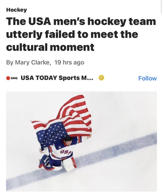 jlsantana's tweet photo. Jack Hughes, que clavó el gol de oro, festejando embanderado el campeonato olímpico de hockey con un diente menos y la boca sangrando por un palazo, pero radiante. Imagen heroica. Trump los llama en el festejo, los felicita y los invita a la Casa Blanca, todos chochos festejando y riendo con él por el altoparlante.

¿Qué titula USA Today? "El equipo masculino de hockey de Estados Unidos falló estrepitosamente en estar a la altura del momento cultural" (la que escribió la nota es Mary Clarke, que -como no podía ser de otra manera- le gusta la sopa de almejas y se ve así.)

Eileen Gu, en cambio, una norteamericana de madre china y padre gringo que vive en USA, recibió decenas de millones de dólares del gobierno chino para que compitiera para ellos, lo hace, se niega a hablar de las atrocidades Chinas ¿y qué hace Time? La heroíza.

El demócrata odia a USA, la detesta. Detesta a su gente, su bandera, sus héroes, sus símbolos y su historia.