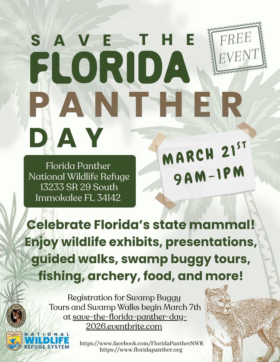 ParksideProud's tweet photo. Our friends at the Florida Panther National Wildlife Refuge are hosting a Save The Florida Panther Day on March 21st. See the attached flier for more details. https://t.co/ocQN72WRVX