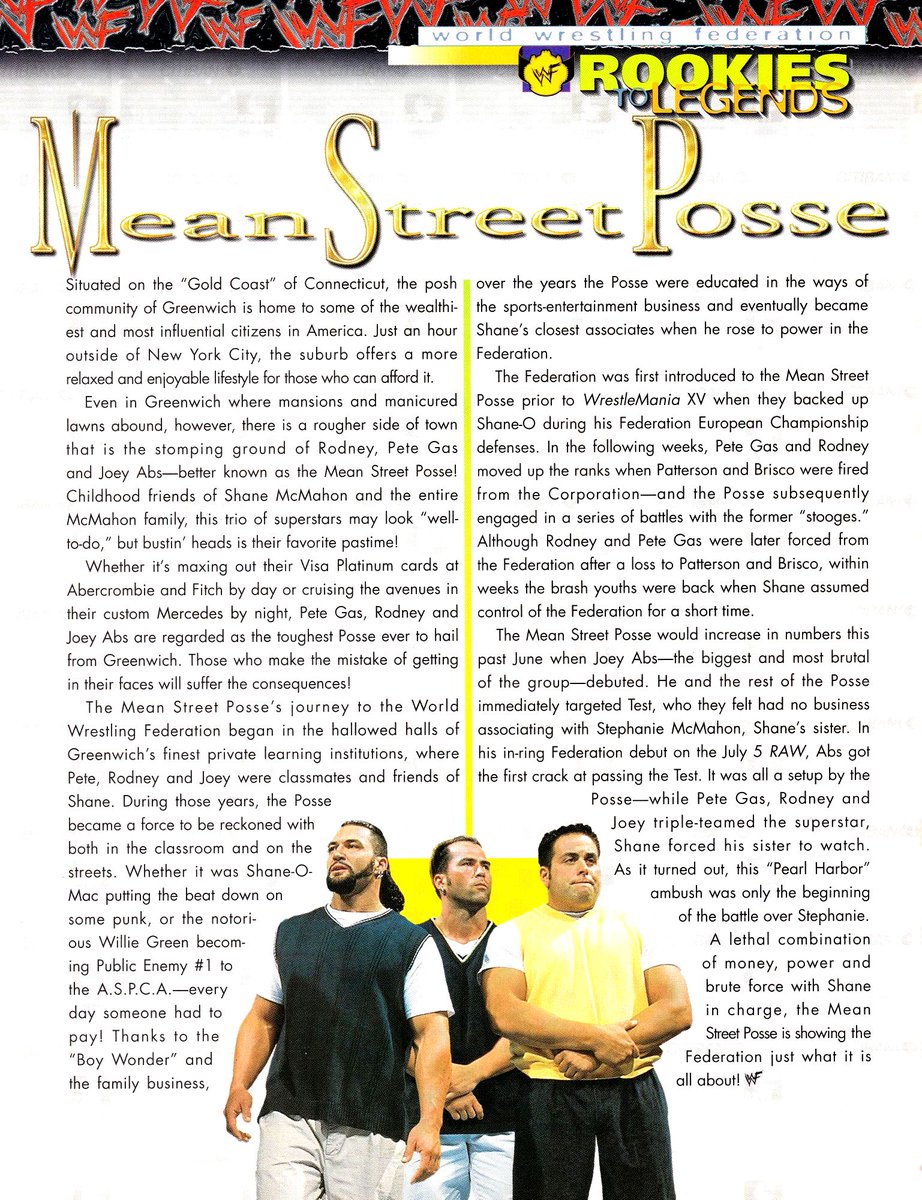 WWFWrestling1's tweet photo. Rookies to Legends profile of Mean Street Posse from WWF Magazine, October 1999. #WWF #WWE #PeteGas #Rodney #JoeyAbs https://t.co/CZsWuPnw4u