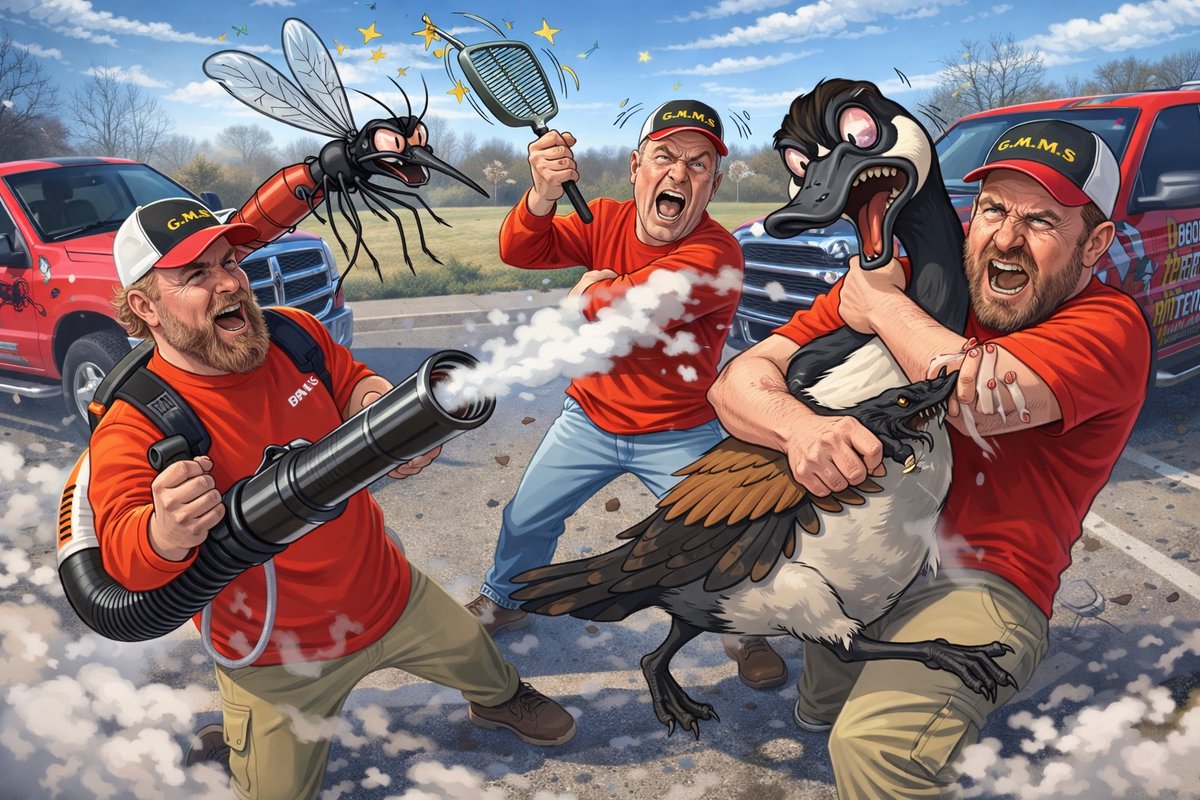 AndMosquito's tweet photo. Geese and mosquitoes don’t stand a chance against us.  Call today to get protected, 317-384-5010.  
Win back your yard!!  #GAMEOn

Note- no geese were harmed in the making of this ad, and they are never harmed. #HumaneGooseControl https://t.co/WssQl23XG9