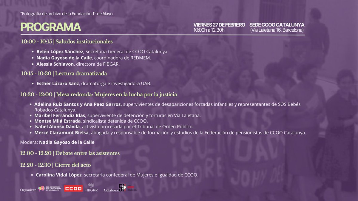 Memorizate_'s tweet photo. ¡Anímate!

🟣  Mujeres defendiendo la democracia: Una mirada feminista al acceso a la justicia y la memoria democrática

📍 Mañana, 27 de febrero en CCOO Catalunya

Supervivientes, activistas y juristas dialogan sobre justicia y verdad. ✊  

#REDMEM #CCOO #MemoriaDemocrática https://t.co/lhAYfgofsb