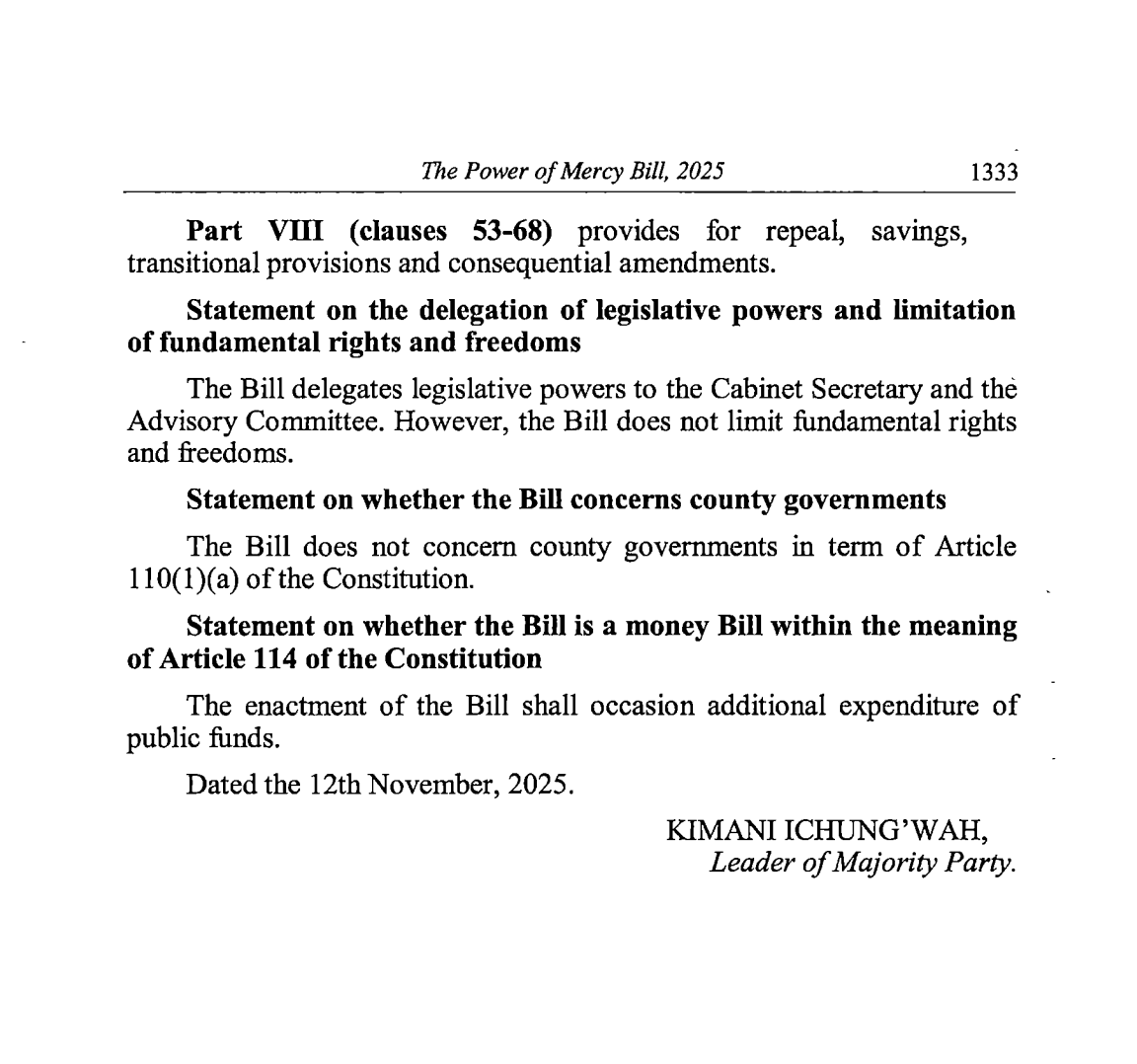The Power of Mercy Bill (National Assembly Bill No. 56 of 2025) is read a first time in the National Assembly. 

The Bill seeks to provide for operationalisation of the four powers of mercy in Article 133(l)(a) to (d) of the Constitution, to provide for the appointment, tenure of