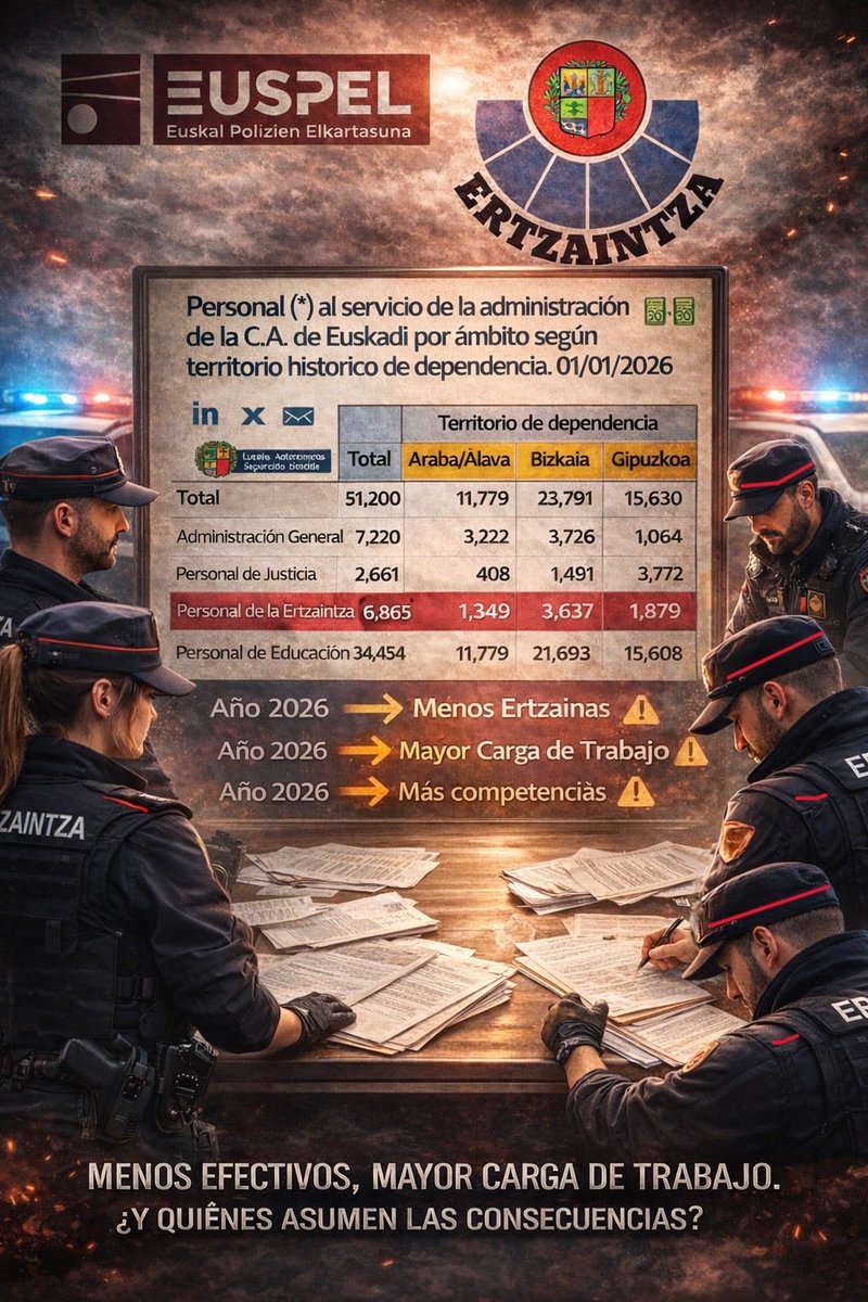 🤦🏼"MAGNIFICO"PLAN DE EMPLEO FIRMADO. 

Año 2025:  6988 ertzainas

Año 2026:  6865 ertzainas

Con una gestion así…

¿qué puede salir mal?