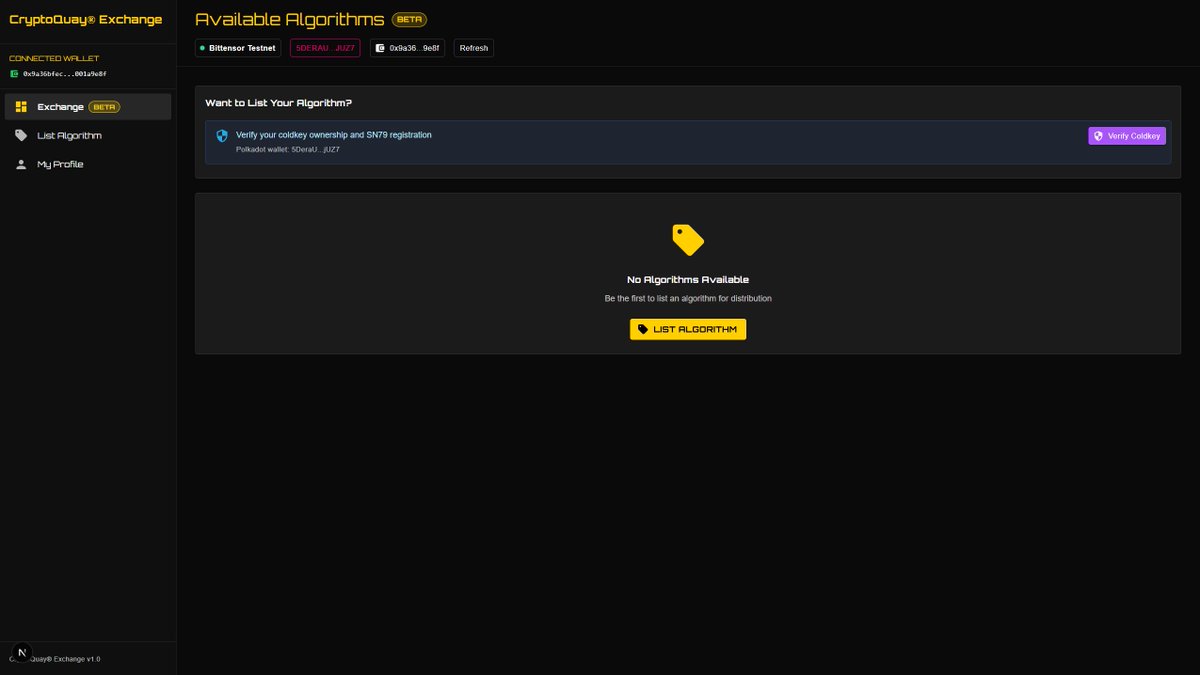 crypto_quay's tweet photo. The new "exchange" of algorithms implementation is now nearly done for Beta – what still remains to do is some twists in the user-story to allow people to test.

Restrictions apply: Functionality is first limited to only "Unverified" algorithms before the verification process is automated. This means that algorithms to be minted and shared are restricted to only "Accepted" entities. 

Acquiring, however, will be enabled for free templates. The first one(s) will be applicable to #SN79 @mvtrx_79.

The service will be made available via https://t.co/FX3D0aZCUJ. Instructions will follow in the next couple of days how. We will be able to give Beta Access to those interested.

$TAO #Bittensor
