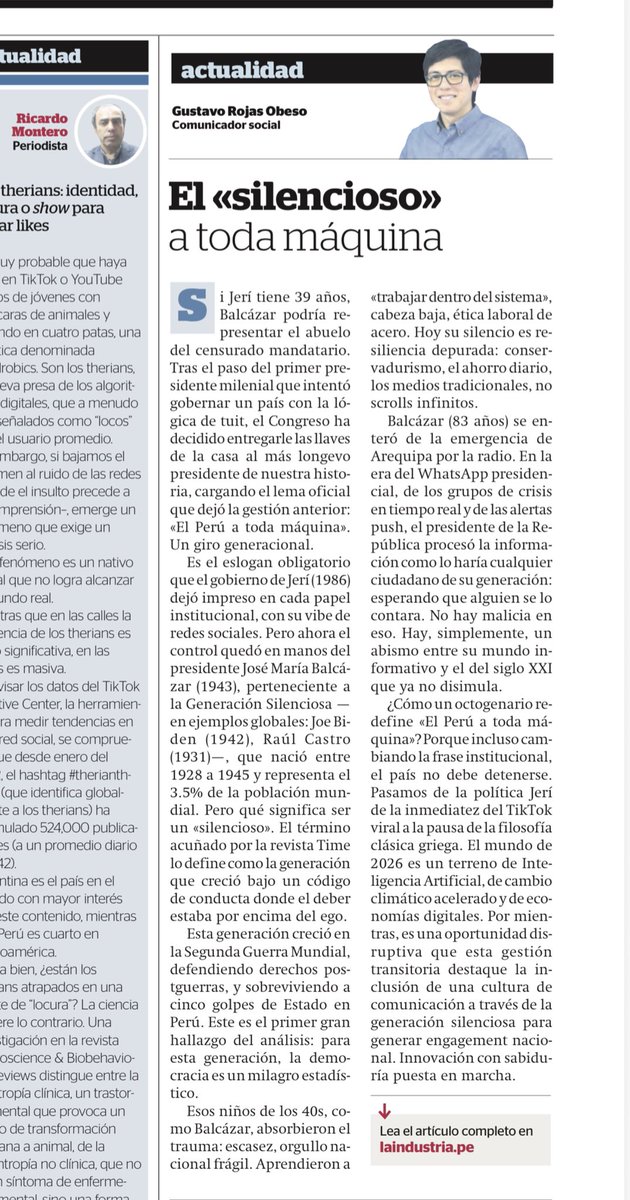 vjrmelodramatic's tweet photo. En Perú pasamos del primer presidente milenial al mandatario más longevo, que pertenece a la Generación Silenciosa. ¿Cómo el gobierno de un octogenario redefine el eslogan institucional «El Perú a toda máquina», que dejó su antecesor? Sobre esto escribo en La Industria. https://t.co/dgTjmQKd6b