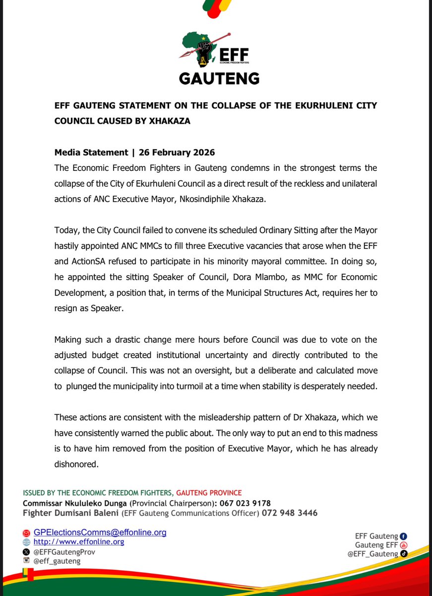 EFF Gauteng Condemns in the Strongest Terms the Collapse of the City of Ekurhuleni Council as a Direct Result of the Reckless and Unilateral Actions of ANC Executive Mayor,  Nkosindiphile Xhakaza