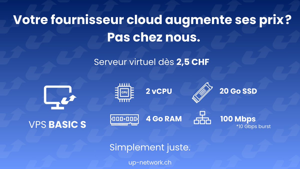 upnetworkch's tweet photo. Votre fournisseur cloud augmente ses prix ? Pas chez nous.

VPS dès 2,5 CHF/mois :
2 vCPU, 4 Go RAM, 20 Go SSD, 100 Mbps garanti, burst 10 Gbps.

100 % hébergé en Suisse 🇨🇭

Pour un cloud au juste prix, rendez-vous sur https://t.co/L6tRBLO60m. https://t.co/DEDE5LLC61