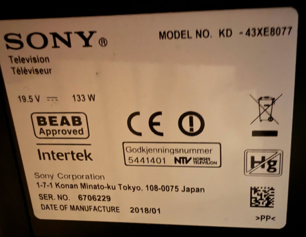 lozjam's tweet photo. @SonyUK 👋 Photo of tv details attached. 
Model KD - 43XE8077
When trying to watch on Apple TV app the picture lags &amp; pixelates whilst the sound continues playing normally. I cleared cache &amp; then uninstalled/reinstalled app but same issue. Worked ok when previously watched via sky Q box https://t.co/jLRRYzmNxa
