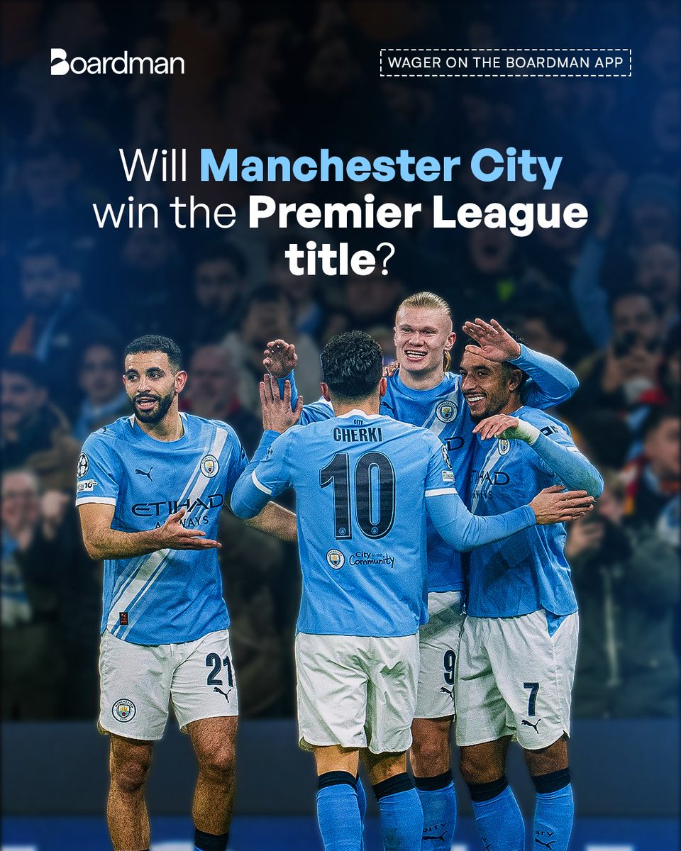 YourBoardman's tweet photo. Premier League title decider time! 
Arsenal top with 5pt lead but City have a game in hand..and plenty to play till May. 

🔴 Arsenal to finally end 22 years of hurt (no more bottling)? 🔵 Or City to snatch it again?

Wager and share with your friends, live on Boardman App! https://t.co/3XOeu30IYX